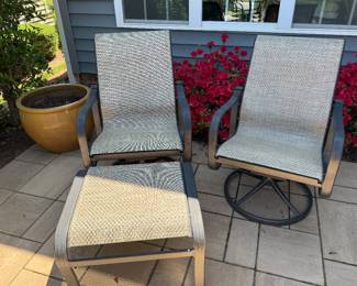 Pair of swivel sling chairs and ottoman