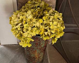 Faux Hydrangea Arrangement in Embossed Metal Vase