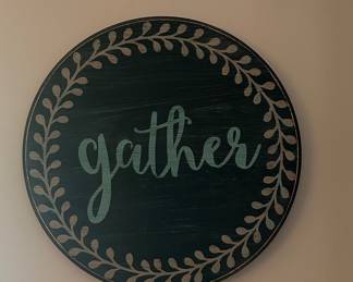 Round Wooden "Gather" Sign with Laurel Wreath Border