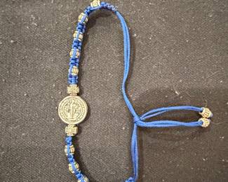 Blue Cord St. Benedict Medal Bracelet with Cross Charms
