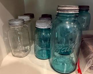 Collection of Vintage Blue Ball Mason Jars and Ribbed Jar