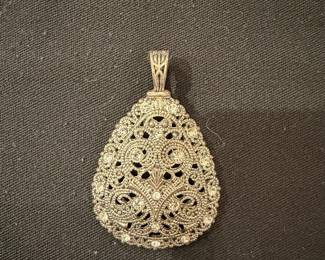 Premier Designs Silver Tone Teardrop Filigree Pendant with Rhinestones