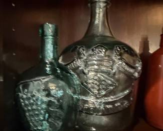 Vintage Embossed Glass Bottles (Set of 2) - Grape Cluster and Crest Designs