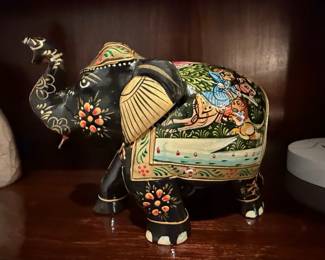 Hand-Painted Wooden Elephant Figurine with Mughal Scene