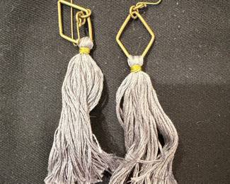 Gold Tone Geometric Tassel Earrings with Grey Threads
