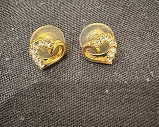 Gold Tone Heart Stud Earrings with Pave Crystals