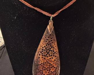 Carved Wood Teardrop Pendant Necklace