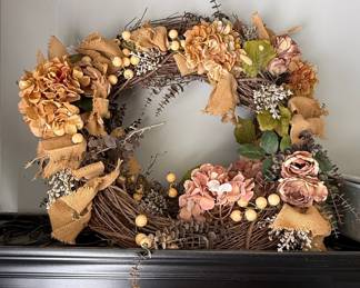 Fall Hydrangea and Rose Wreath with Burlap Accents