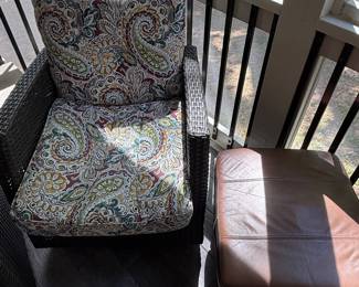 Wicker Armchair with Paisley Cushions and Leather Ottoman