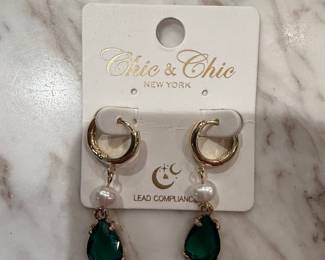 Chic & Chic New York Emerald Pear Drop Earrings with Pearl Accent