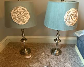 Pair of Teal Fabric Table Lamps with Cream Fabric Rosette Embellishments