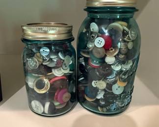Assorted Buttons in Vintage Blue Ball Mason Jars