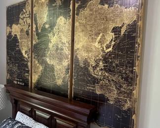 Triptych Black and Gold Distressed World Map Wall Art