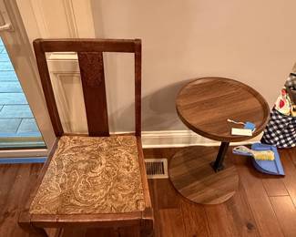 Antique Carved Oak Side Chair with Paisley Upholstery and Modern Walnut Pedestal Side Table