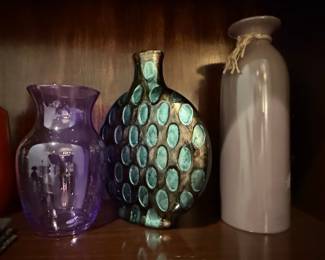 Purple Art Glass Vase, Teal Ceramic Vase with Raised Dots, and Matte Grey Ceramic Vase
