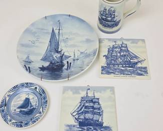 Lot #156 - Blue Delfts Handpainted Delftware Ceramic Sailboat & Whaleship Collectible Set Made in Holland