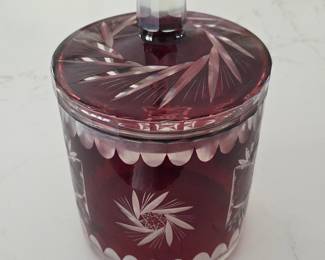 Lot #76 -  Vintage Ruby Red Bohemian Cut to Clear Crystal Covered Jar with Faceted Lid