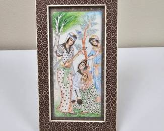 Lot #20 - Persian Miniature Artwork Set in a Traditional Khatam Marquetry Frame of Inlaid Bone and Wood with Velvet Easel Back