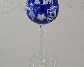 Lot #79 -  Hungarian Cobalt Blue Lead Crystal Etched Cut to Clear Goblet Wine Glass Stemware