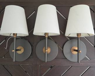 Lot #195 - Set of 3 West Elm Arc Mid-Century Wall Sconces with White Fabric Shades and Brass Accents
