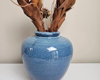 Lot #61 -  Handcrafted Blue Glazed Ceramic Vase with Faux Stems/Leaves