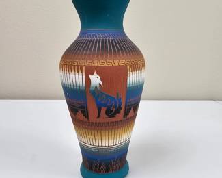 Lot #19 -  Diné (Navajo) Hand-Etched Red Clay Pottery Vase by P. Etsitty