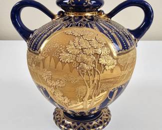 Lot #58 - Antique Nippon Cobalt Blue & Gold Gilded Porcelain Vase with Intricate Landscape Relief