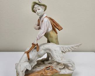 Lot #18 - Royal Dux Czech Porcelain Boy with Hunting Dog Golden Retriever Figurine Decor