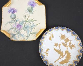 Lot #148 -  Antique Hand-Painted Thistle Porcelain Plates with Gilt Accents