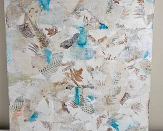 Lot #109 -  Local Artist Elegant Textured Abstract Wall Art with Leaf Motifs and Aqua Accents "Ice Storm"
