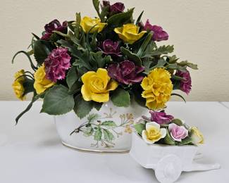 Lot #171 -  Vintage Ceramic Floral Arrangement with Hand-Painted Wheelbarrow Vase and Decorative Porcelain Flowers