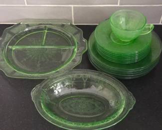 Lot #69 -  Vintage Hazel-Atlas Depression Glass Green Etched Uranium Glass Old Quilt Plates and Serving Dishes