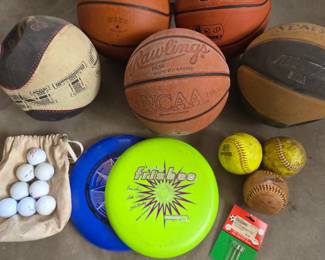 Lot #215 - Basketballs, Frisbee Discs, Golf Balls, Softballs, Inflation Needles