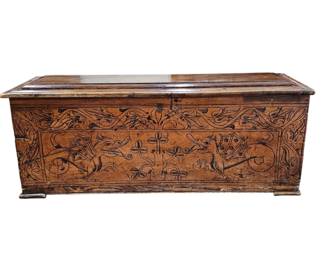 Lot #139 -  Antique 17th Century Renaissance Pine Cassone Storage Chest with Engraved Dragon Motif and Floral Border