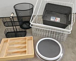 Lot #203 - Various Home Organization Solutions - Wire Baskets & Trash Can, Lazy Susans, Drawer Organizer