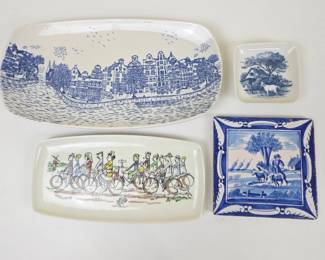 Lot #155 - Dutch Delft Decorative Plates with Bicycle and Amsterdam Canal Scenes, Plus Royal Copenhagen Mini Plaque