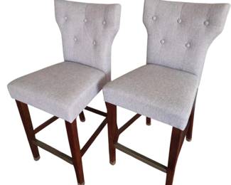 Lot #102 -  Elegant Gray Upholstered Bar Stools with Button-Tufted Backrest and Wooden Legs