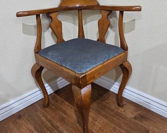 Lot #129 -  Antique Oak Queen Anne/Georgian Style Corner Chair with Curved Backrest and Upholstered Seat