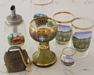 Lot #78 -  Vintage German Souvenir Glassware & Brass Cow Bell with Decorative Crest