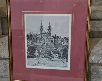 Lot #120 -  Signed Antique Black and White Architectural Lithograph of Wieruszów, Poland, with Gold Trim Frame