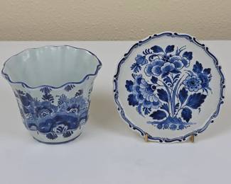 Lot #162 -  Delft Blue Pottery Planter and Decorative Plate Set Holland Hand-Painted Ceramic Floral Design