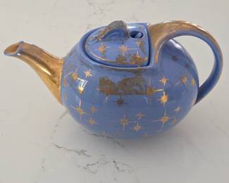 Lot #77 - 1940's Hall Periwinkle Blue And Gold Atomic Starburst Aladdin Style Teapot