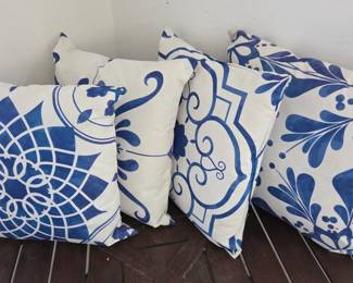 Lot #212 - Indoor/Outdoor Blue and White Decorative Throw Pillows with Intricate Patterns Perfect for Home Decor
