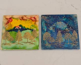 Lot #83 -  Colorful Tile Coasters by Colorado Artist Debbie Beger with Gold Tree Designs