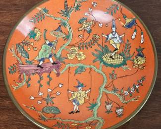 Lot #57 - Vintage Hand Painted Porcelain Plate Chinese Acrobats Decorative Brass Rim Hong Kong