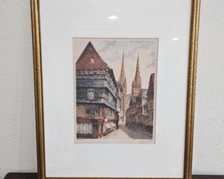 Lot #141 -  Signed Limited Edition Aquatint Etching with Gold Frame Rue Kereon Quimper Cathedral France