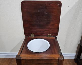 Lot #126 -  Antique Wooden Commode with Enamel Insert and Brass Hinges - Unique Side Table