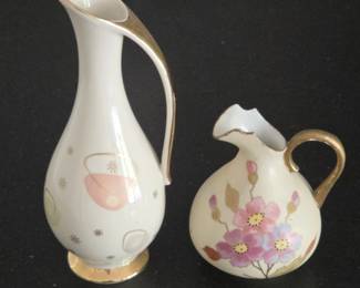 Lot #86 -  Vintage Mid-Century German Creamer Pitchers with Gold Trim and Floral Accents