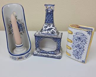Lot #153 -  Portuguese Hand Painted Ceramic Art - Viana do Castelo Candle Holder, Berardos Miniature Fireplace, MMA Book Flask