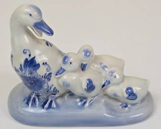 Lot #160 -  Vintage Delft Blue Porcelain Duck Figurine with Ducklings Hand Painted Floral Design